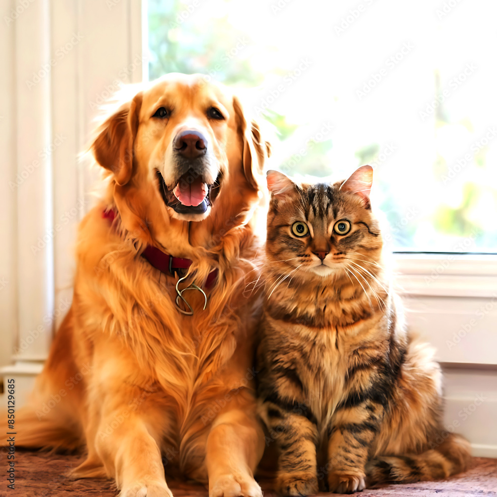 Happy dog and cat that looking at the camera together friendship between dog and cat, amazing friendliness of the pets Happy dog and cat that looking at the camera together friendship between dog and cat, amazing friendliness of the pets