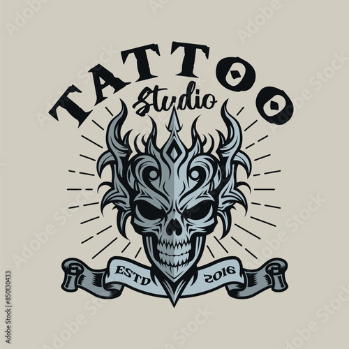 Vintage skull fantasy tattoo studio retro logo