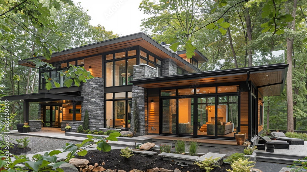 A contemporary home with a mix of gray fiber cement siding and natural stone, featuring large floor-to-ceiling windows. A contemporary home with a mix of gray fiber cement siding and natural stone, featuring large floor-to-ceiling windows.