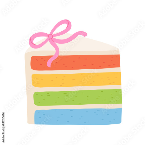 Birthday cake slices set. Sweet holiday bakery pieces collection. Pastry chocolate fruit, berry dessert with candles for breakfast. Vector hand drawn flat cartoon illustration