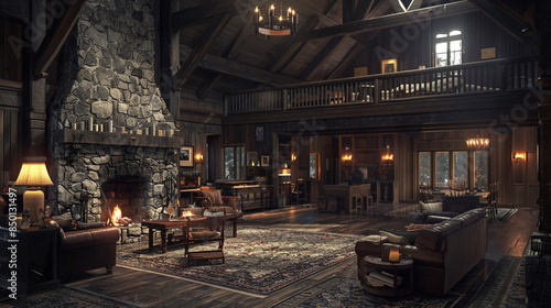 A rustic home with a dark, moody color scheme, featuring deep brown and black hues, complemented by natural stone and wood accents, captured in