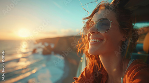 Happy young woman on a road trip leaning out of the car window to see the coastal route and sea view , female enjoying roadtrip holidays on seaside road photo