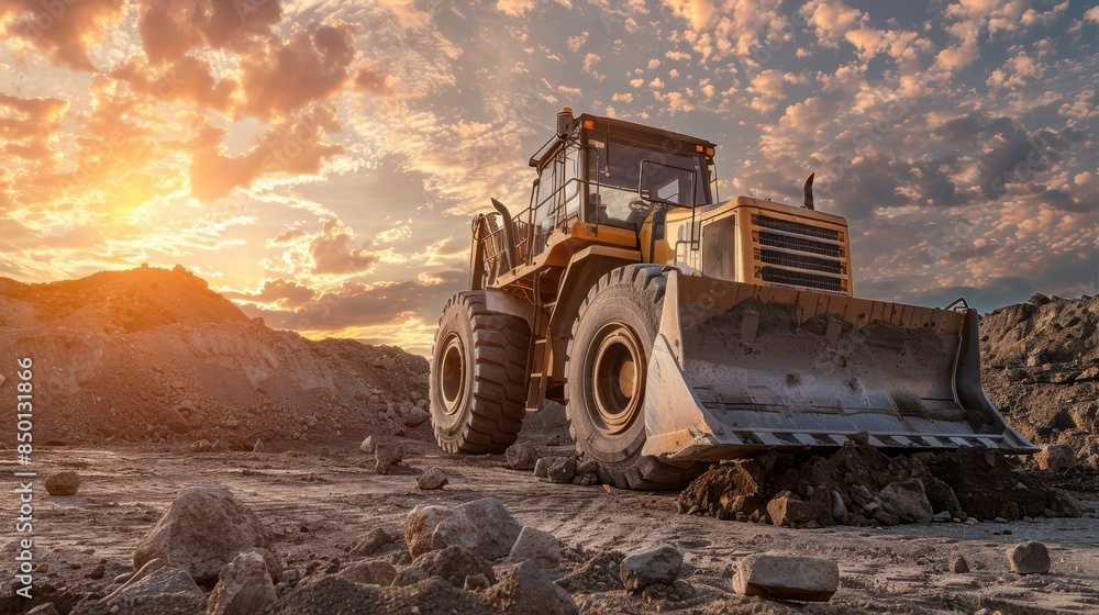 A large construction vehicle is parked in a rocky field. The sky is cloudy and the sun is setting, casting a warm glow over the scene. Concept of hard work and determination A large construction vehicle is parked in a rocky field. The sky is cloudy and the sun is setting, casting a warm glow over the scene. Concept of hard work and determination