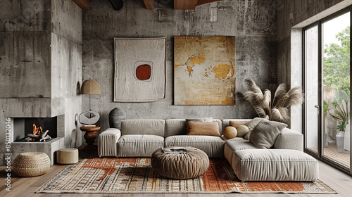 An eclectic living room where textures reign supreme, with a velvet sectional sofa photo