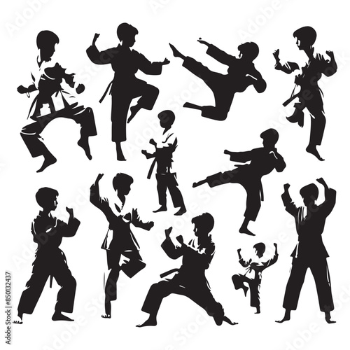 Silhouette set of young karate boys. Vector isolated illustration