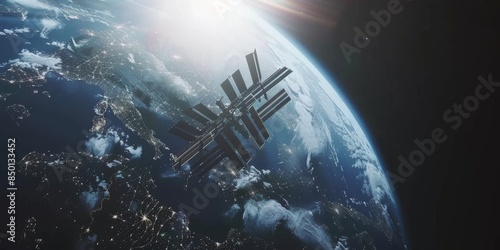 3D illustration of the International Space Station orbiting the Earth. High Quality 5K Digital Space Art - Realistic visualization of faith, hope, culture, light, HD wallpapers, backgrounds, generated photo