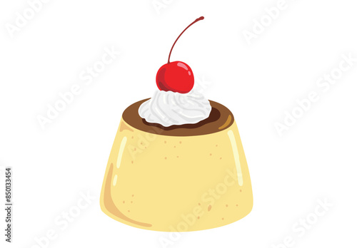 生クリームとさくらんぼを乗せたクラシックなプリン