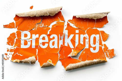 An old dirty and toned paper label in orange color with text Breaking written on it isolated on white background.
