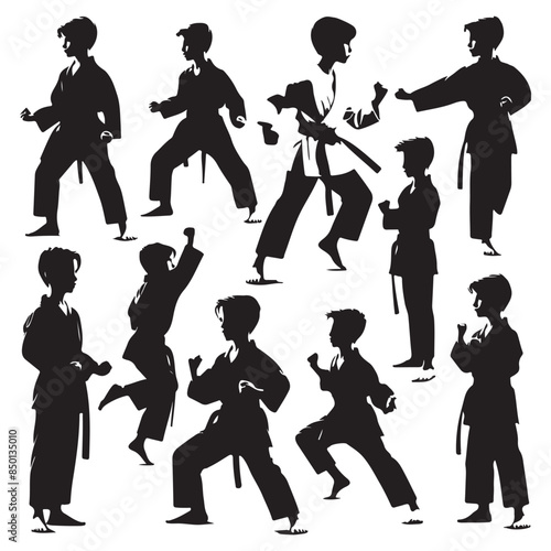 Silhouette set of young karate boys. Vector isolated illustration