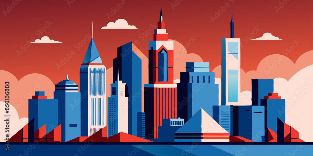 A detailed vector illustration of the City skyline, featuring iconic buildings like the Building and One World Trade Center. A detailed vector illustration of the City skyline, featuring iconic buildings like the Building and One World Trade Center.