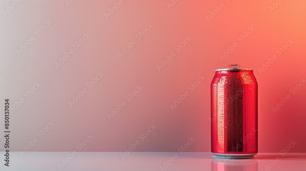 Red aluminum soda can on reflective surface with gradient red and pink background. Minimalist design capturing simplicity and elegance. Red aluminum soda can on reflective surface with gradient red and pink background. Minimalist design capturing simplicity and elegance.
