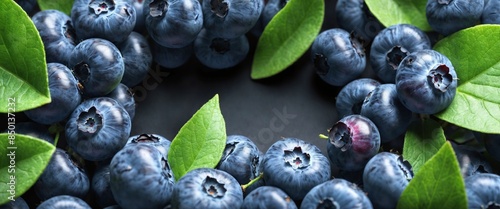 Fresh blueberries with bluberry leaves photo