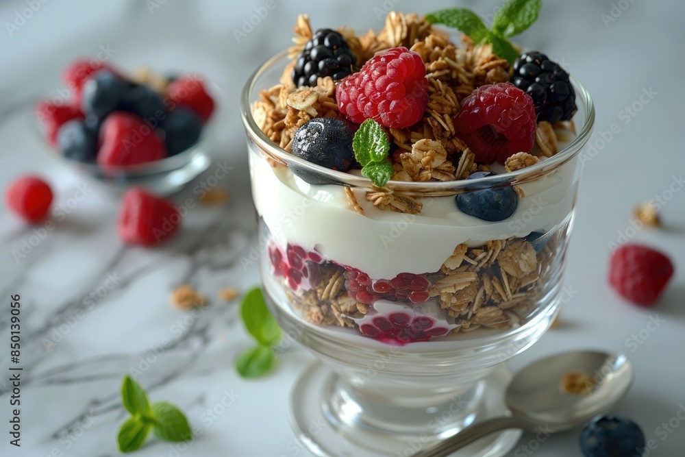 A beautifully arranged breakfast parfait with layers of yogurt, granola, and berries A beautifully arranged breakfast parfait with layers of yogurt, granola, and berries