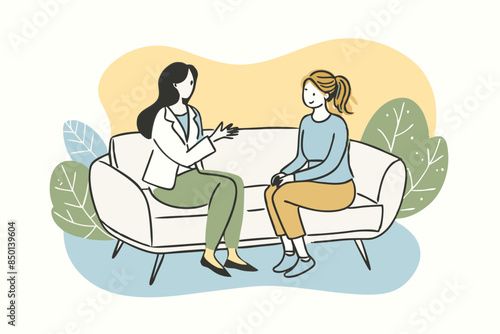 Psychotherapy session - woman talking to psychologist sitting on sofa. Mental health concept, vector illustration 