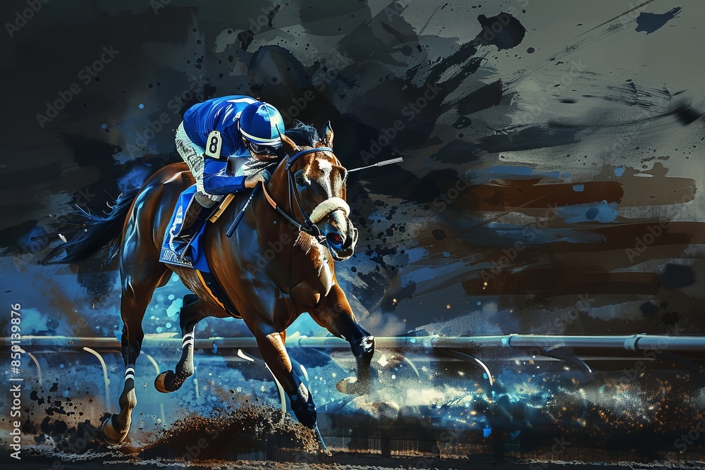 Fototapeta premium Dynamic digital art of a horse racing moment. Vibrant colors and abstract style depict speed and motion. Ideal for sports themes. This image showcases energy and competition. Generative AI