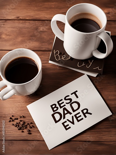  Close-up of Happy Father's Day Best Dad Ever greeting card and coffee mug on the table design perfect for celebrating and honoring fathers photo