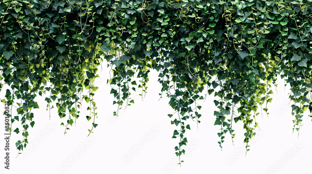 Fototapeta premium Lush Green Ivy Vine with Heart-Shaped Leaves, Intricately Weaving Along a Branch, Dense Foliage on white Background