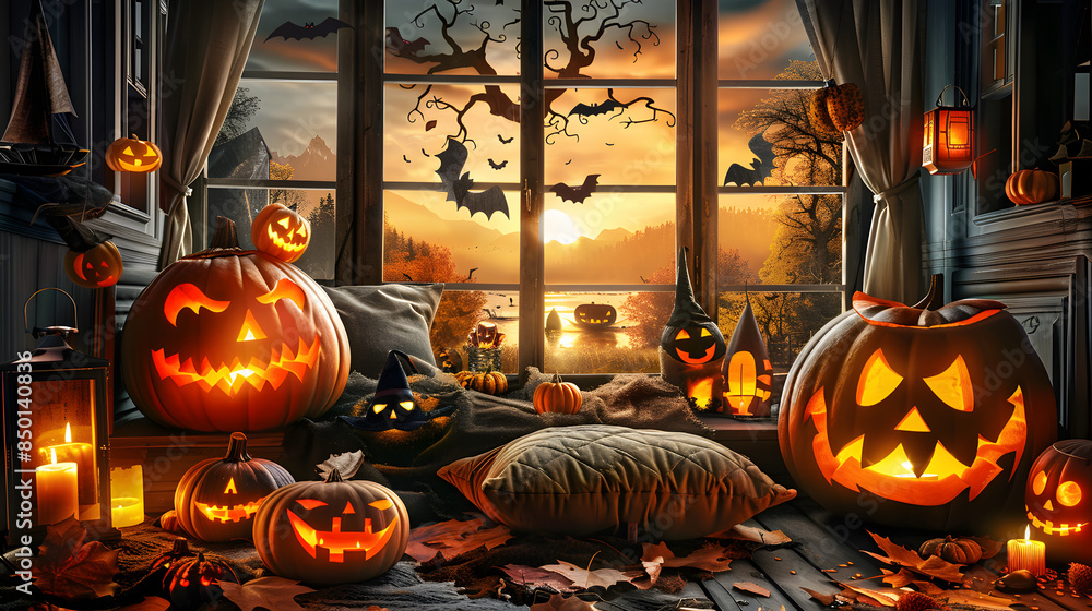 Φωτογραφία ハロウィハロウィンのジャック・オー・ランタン — 不気味な夜の風景とカボチャの飾りンと恐怖の館