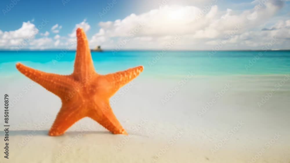 A bright orange starfish rests on a pristine white sandy beach under a clear blue sky. A bright orange starfish rests on a pristine white sandy beach under a clear blue sky.