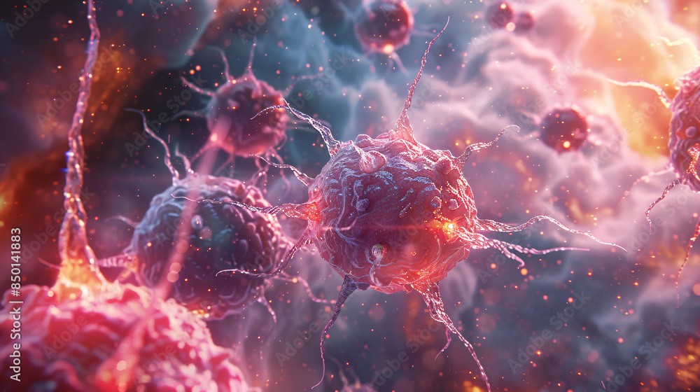 Microscopic View of Red and Purple Spherical Cells Floating in a Dark ...