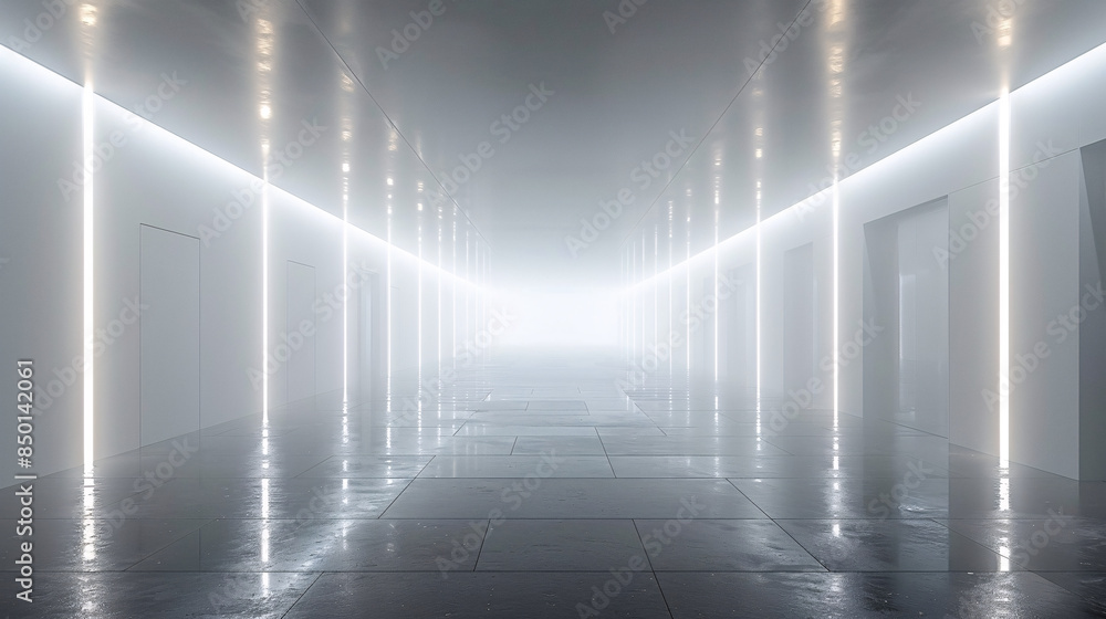 Minimalist White Hallway Bathed in Natural Light, Creating Patterns of Light and Shadow for a Calm and Spacious Atmosphere Minimalist White Hallway Bathed in Natural Light, Creating Patterns of Light and Shadow for a Calm and Spacious Atmosphere