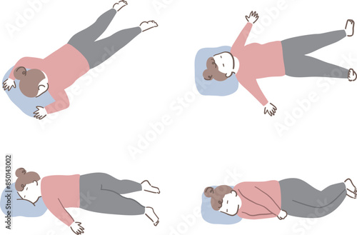 寝る女性の4パターンのイラスト素材