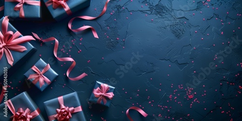 Some gifts boxes with pink ribbons and decoration on a dark blue surface with copy space for web banners. photo