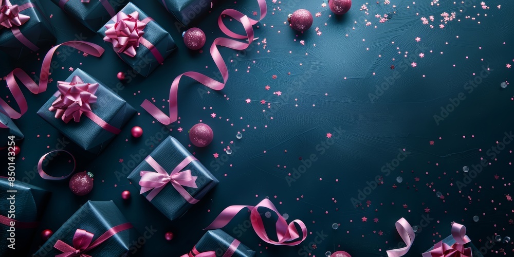 Some gifts boxes with pink ribbons and decoration on a dark blue surface with copy space for web banners. Some gifts boxes with pink ribbons and decoration on a dark blue surface with copy space for web banners.