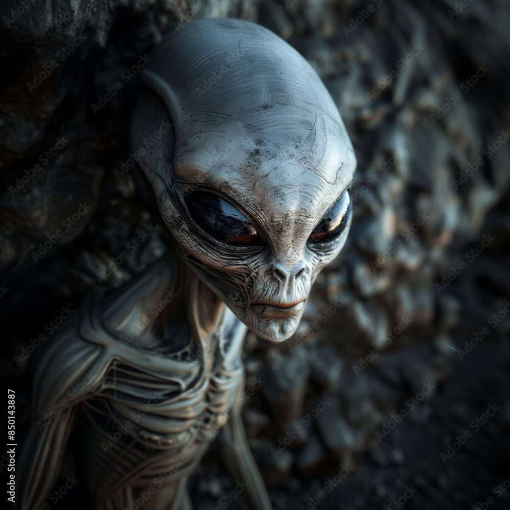 Realistic depiction of an alien with large eyes and a detailed texture, exuding an eerie and mysterious presence Realistic depiction of an alien with large eyes and a detailed texture, exuding an eerie and mysterious presence