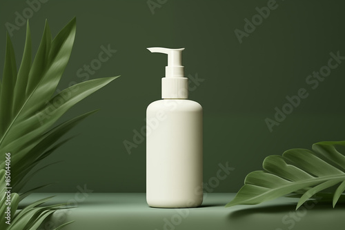 Minimalist White Pump Bottle with Green Tropical Leaves Background photo