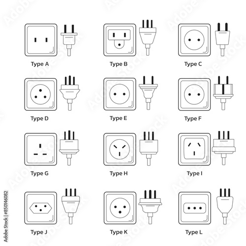 electric outlets on a white background, featuring a diverse set of power sockets