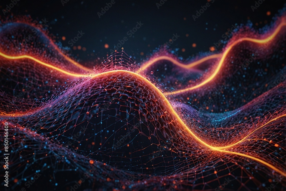 Fototapeta premium Abstract technology stream background. Digital dynamic wave of dots. Network connection structure