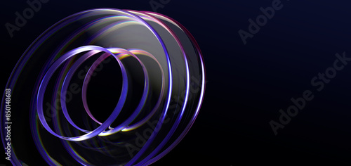 Fototapeta Naklejka Na Ścianę i Meble -  Abstract 3d black background wallpaper with glass transparent circles and colorful light iridescent neon holographic gradient. Crystal render rings, digital graphic design tech banner. 3D illustration