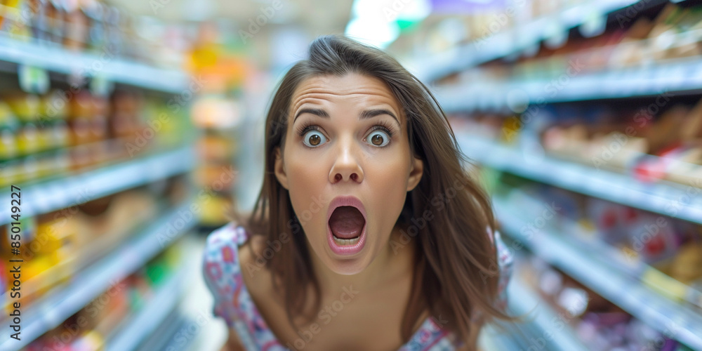 Shocked poor sections of society lower class. Woman in supermarket looking on prices with open mouth. Crisis and price increase concept. Impact of price hike, cost of living inflation Shocked poor sections of society lower class. Woman in supermarket looking on prices with open mouth. Crisis and price increase concept. Impact of price hike, cost of living inflation