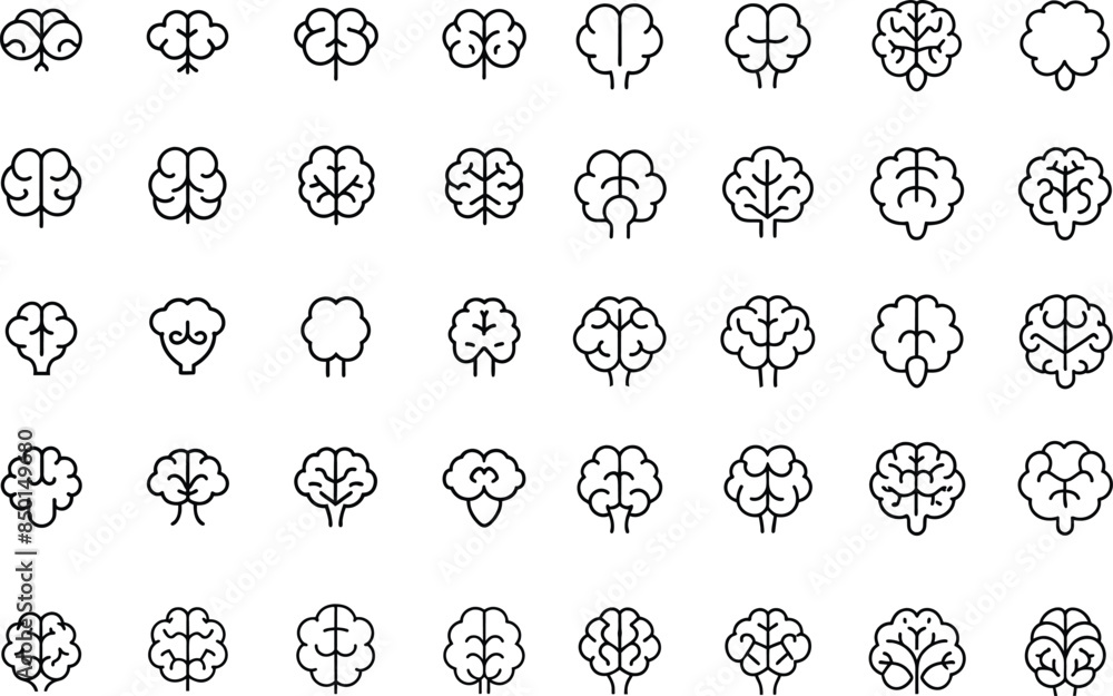A set of brain icons, black and white outline A set of brain icons, black and white outline