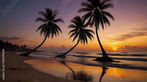 Palm Trees Silhouettes On Tropical Beach At Sunset.generative.ai