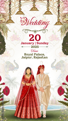 Royal traditional elegant Indian wedding ceremony invitation card with decorative and floral elements
