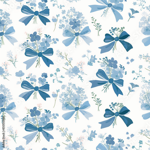seamless pattern with blue flowers and bows, coquette pattern, light blue flowers and bows, cute seamless floral pattern, dainty pattern of flowers and blue bows tied together, illustration of flowers
