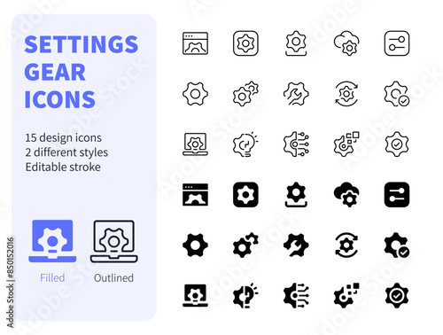 Settings Gear Icons Filled and Outlined web icon set. Such as update, install, wrench, system, Simple vector illustration editable stroke.