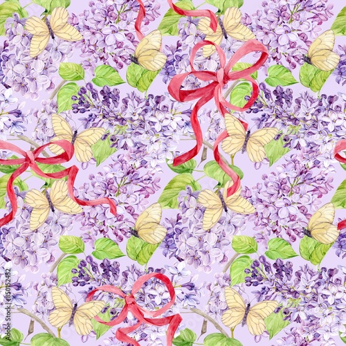 Seamless background with white and purple lilacs wrapped in pink silk ribbons. Watercolor spring flowers in botanical style. Hand drawing for printing on fabric, wrapping paper.