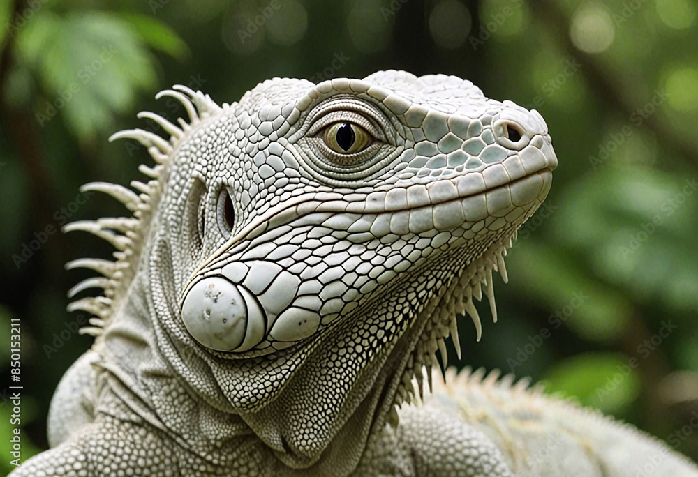 Fototapeta premium White iguana with green natural background