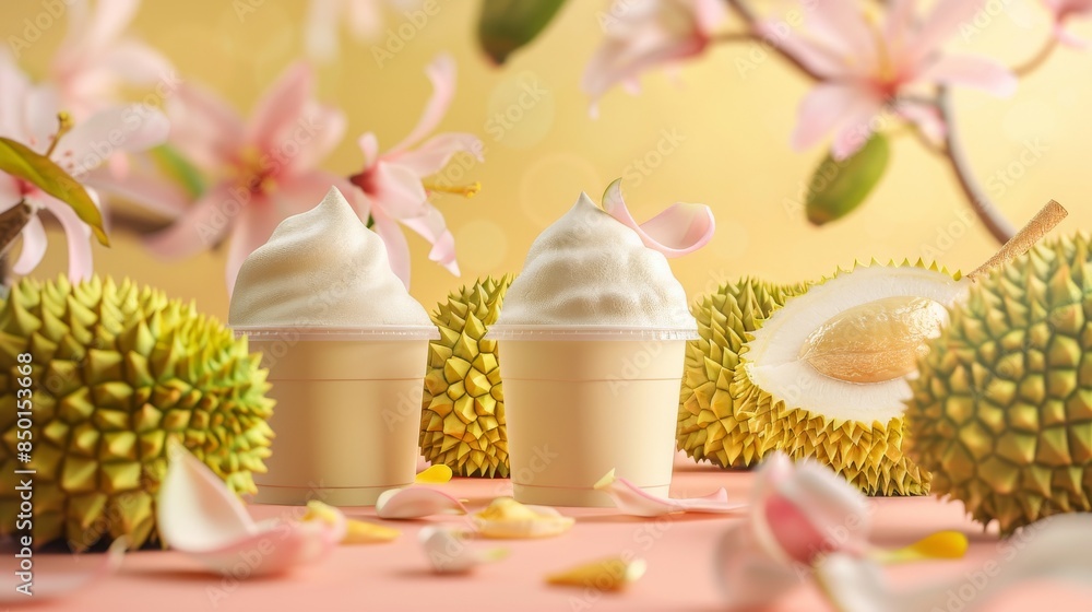 Craft an enticing product poster for a durian yogurt smoothie Craft an enticing product poster for a durian yogurt smoothie