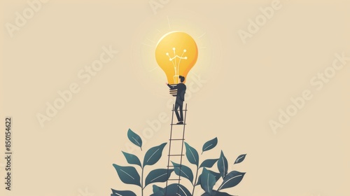 Creativity idea, solution or persuade success, climb up career ladder or business growth, improvement progress, personal development concept, businessman climb up ladder to reach lightbulb grow plant.