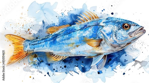 Watercolor Illustration of a Blue Fish