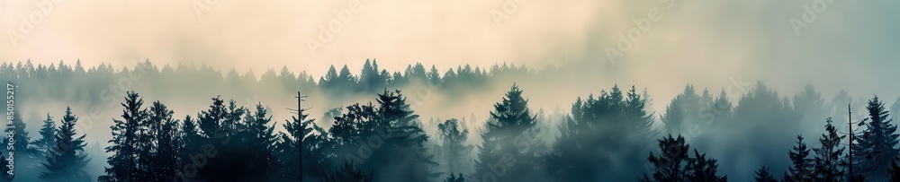 Mystical Foggy Forest with Enshrouded Tall Trees Creating Eerie Atmosphere Mystical Foggy Forest with Enshrouded Tall Trees Creating Eerie Atmosphere