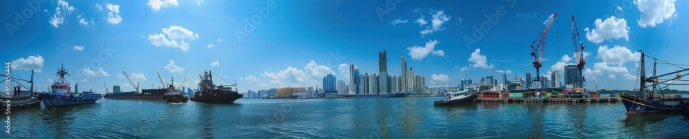Dynamic City Harbor Scene with Ships, Cranes, and Skyline Against Blue Sky Dynamic City Harbor Scene with Ships, Cranes, and Skyline Against Blue Sky