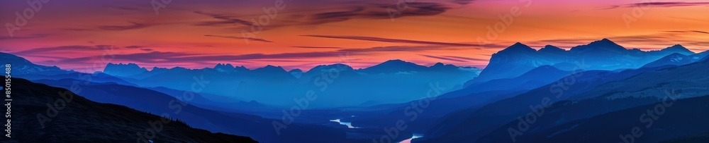 Majestic Mountain Range Silhouetted at Twilight with River Winding Through Valley - Scenic Landscape with Colorful Sky Majestic Mountain Range Silhouetted at Twilight with River Winding Through Valley - Scenic Landscape with Colorful Sky