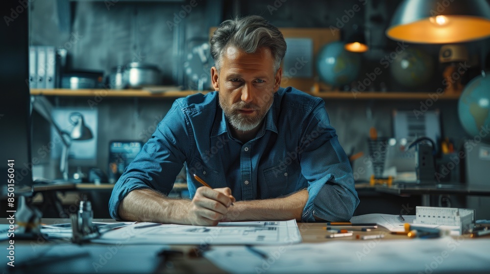 A man is sitting at a desk with a pencil in his hand A man is sitting at a desk with a pencil in his hand