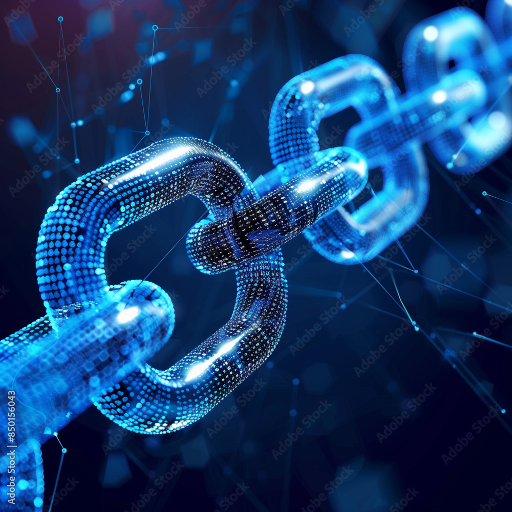 A glowing blue digital chain link symbolizes the strength and connectivity of blockchain technology, set against a futuristic background A glowing blue digital chain link symbolizes the strength and connectivity of blockchain technology, set against a futuristic background