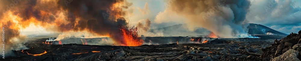 Fury of Nature Unleashed - A Stunning View of Volcanic Landscape with Lava Flows, Steam, and Smoke Plume Fury of Nature Unleashed - A Stunning View of Volcanic Landscape with Lava Flows, Steam, and Smoke Plume